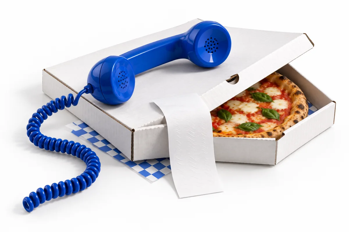 En blå telefonlur på en vit pizzakartong med en ordersedel och blårutigt papper.